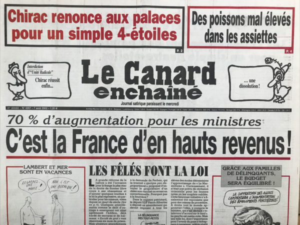 Couac ! | N° 4267 du Canard Enchaîné - 7 Août 2002 | Nos Exemplaires du Canard Enchaîné sont archivés dans de bonnes conditions de conservation (obscurité, hygrométrie maitrisée et faible température), ce qui s'avère indispensable pour des journaux anciens. | 4267