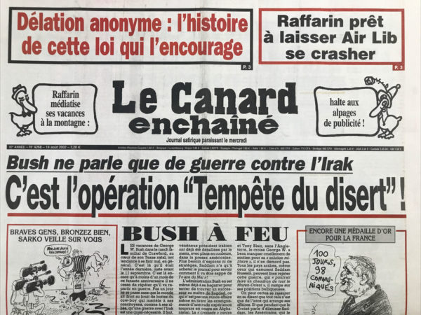 Couac ! | N° 4268 du Canard Enchaîné - 14 Août 2002 | Nos Exemplaires du Canard Enchaîné sont archivés dans de bonnes conditions de conservation (obscurité, hygrométrie maitrisée et faible température), ce qui s'avère indispensable pour des journaux anciens. | 4268