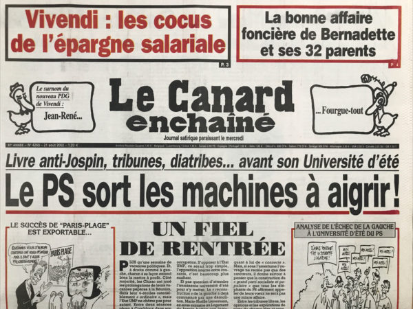 Couac ! | N° 4269 du Canard Enchaîné - 21 Août 2002 | Nos Exemplaires du Canard Enchaîné sont archivés dans de bonnes conditions de conservation (obscurité, hygrométrie maitrisée et faible température), ce qui s'avère indispensable pour des journaux anciens. | 4269