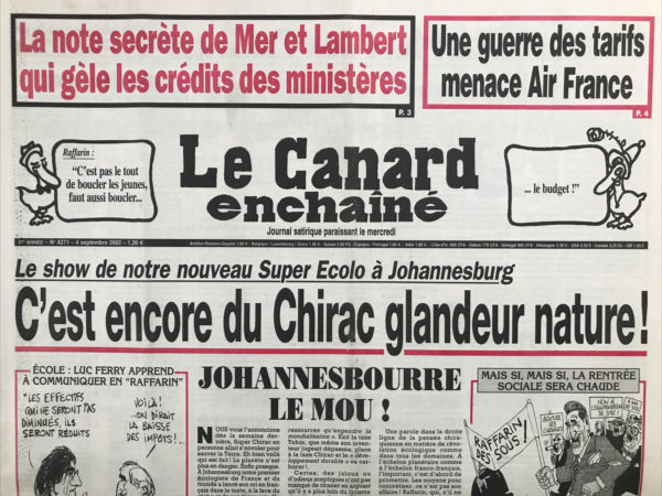 Couac ! | N° 4271 du Canard Enchaîné - 4 Septembre 2002 | Nos Exemplaires du Canard Enchaîné sont archivés dans de bonnes conditions de conservation (obscurité, hygrométrie maitrisée et faible température), ce qui s'avère indispensable pour des journaux anciens. | 4271