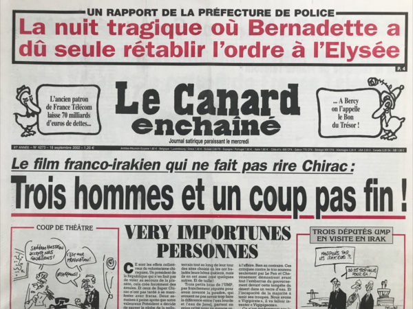 Couac ! | N° 4273 du Canard Enchaîné - 18 Septembre 2002 | Nos Exemplaires du Canard Enchaîné sont archivés dans de bonnes conditions de conservation (obscurité, hygrométrie maitrisée et faible température), ce qui s'avère indispensable pour des journaux anciens. | 4273