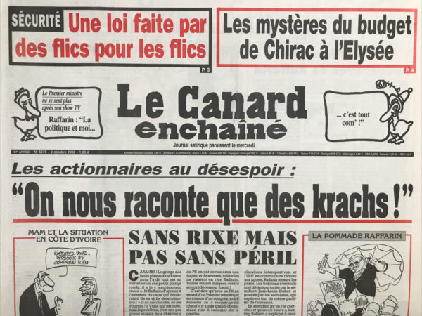 Couac ! | N° 4275 du Canard Enchaîné - 2 Octobre 2002 | Nos Exemplaires du Canard Enchaîné sont archivés dans de bonnes conditions de conservation (obscurité, hygrométrie maitrisée et faible température), ce qui s'avère indispensable pour des journaux anciens. | 4275