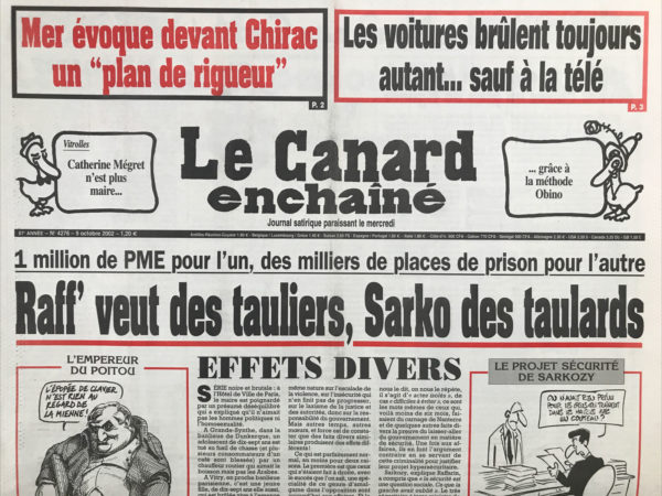 Couac ! | N° 4276 du Canard Enchaîné - 9 Octobre 2002 | Nos Exemplaires du Canard Enchaîné sont archivés dans de bonnes conditions de conservation (obscurité, hygrométrie maitrisée et faible température), ce qui s'avère indispensable pour des journaux anciens. | 4276