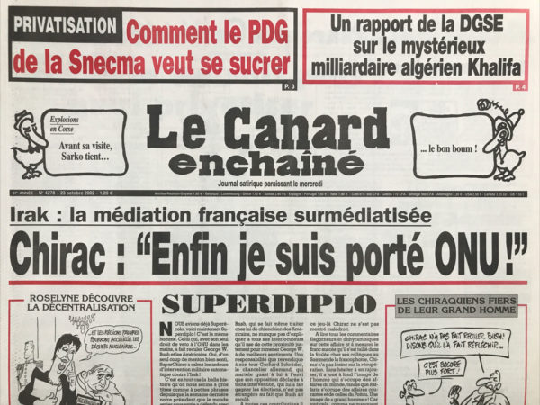 Couac ! | N° 4278 du Canard Enchaîné - 23 Octobre 2002 | Nos Exemplaires du Canard Enchaîné sont archivés dans de bonnes conditions de conservation (obscurité, hygrométrie maitrisée et faible température), ce qui s'avère indispensable pour des journaux anciens. | 4278