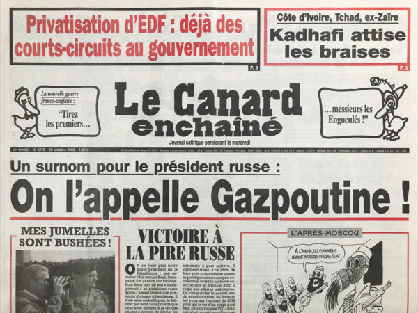 Couac ! | N° 4279 du Canard Enchaîné - 30 Octobre 2002 | Nos Exemplaires du Canard Enchaîné sont archivés dans de bonnes conditions de conservation (obscurité, hygrométrie maitrisée et faible température), ce qui s'avère indispensable pour des journaux anciens. | 4279