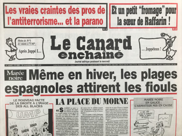 Couac ! | N° 4282 du Canard Enchaîné - 20 Novembre 2002 | Nos Exemplaires du Canard Enchaîné sont archivés dans de bonnes conditions de conservation (obscurité, hygrométrie maitrisée et faible température), ce qui s'avère indispensable pour des journaux anciens. | 4282