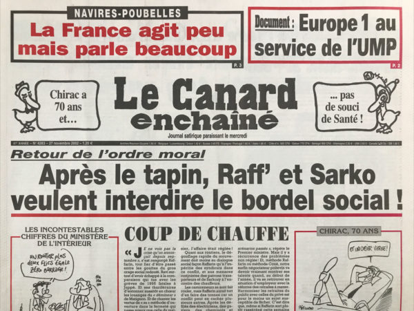 Couac ! | N° 4283 du Canard Enchaîné - 27 Novembre 2002 | Nos Exemplaires du Canard Enchaîné sont archivés dans de bonnes conditions de conservation (obscurité, hygrométrie maitrisée et faible température), ce qui s'avère indispensable pour des journaux anciens. | 4283