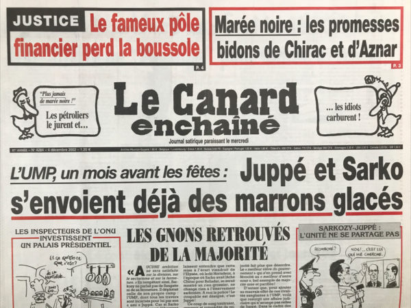 Couac ! | N° 4284 du Canard Enchaîné - 4 Décembre 2002 | Nos Exemplaires du Canard Enchaîné sont archivés dans de bonnes conditions de conservation (obscurité, hygrométrie maitrisée et faible température), ce qui s'avère indispensable pour des journaux anciens. | 4284