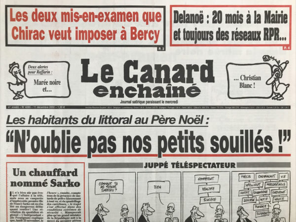 Couac ! | N° 4285 du Canard Enchaîné - 11 Décembre 2002 | Nos Exemplaires du Canard Enchaîné sont archivés dans de bonnes conditions de conservation (obscurité, hygrométrie maitrisée et faible température), ce qui s'avère indispensable pour des journaux anciens. | 4285