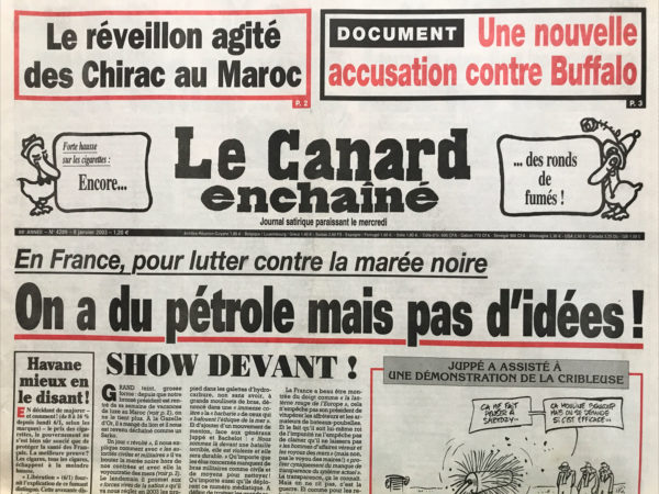 Couac ! | N° 4289 du Canard Enchaîné - 8 Janvier 2003 | Nos Exemplaires du Canard Enchaîné sont archivés dans de bonnes conditions de conservation (obscurité, hygrométrie maitrisée et faible température), ce qui s'avère indispensable pour des journaux anciens. | 4289