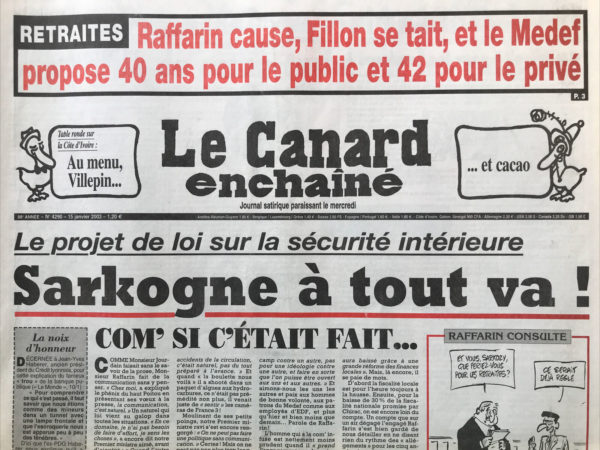 Couac ! | N° 4290 du Canard Enchaîné - 15 Janvier 2003 | Nos Exemplaires du Canard Enchaîné sont archivés dans de bonnes conditions de conservation (obscurité, hygrométrie maitrisée et faible température), ce qui s'avère indispensable pour des journaux anciens. | 4290