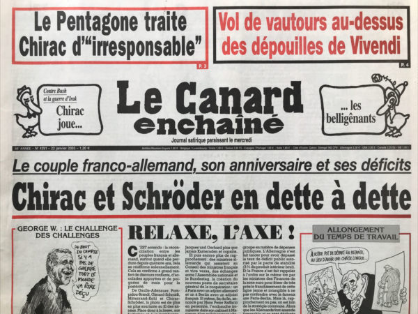 Couac ! | N° 4291 du Canard Enchaîné - 22 Janvier 2003 | Nos Exemplaires du Canard Enchaîné sont archivés dans de bonnes conditions de conservation (obscurité, hygrométrie maitrisée et faible température), ce qui s'avère indispensable pour des journaux anciens. | 4291