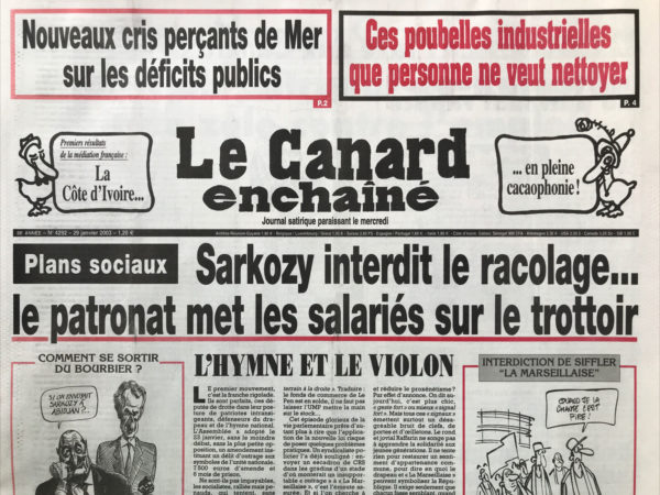 Couac ! | N° 4292 du Canard Enchaîné - 29 Janvier 2003 | Nos Exemplaires du Canard Enchaîné sont archivés dans de bonnes conditions de conservation (obscurité, hygrométrie maitrisée et faible température), ce qui s'avère indispensable pour des journaux anciens. | 4292