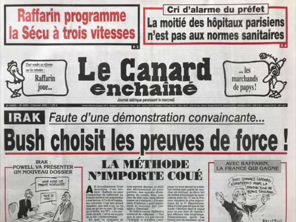 Couac ! | N° 4293 du Canard Enchaîné - 5 Février 2003 | Nos Exemplaires du Canard Enchaîné sont archivés dans de bonnes conditions de conservation (obscurité, hygrométrie maitrisée et faible température), ce qui s'avère indispensable pour des journaux anciens. | 4293