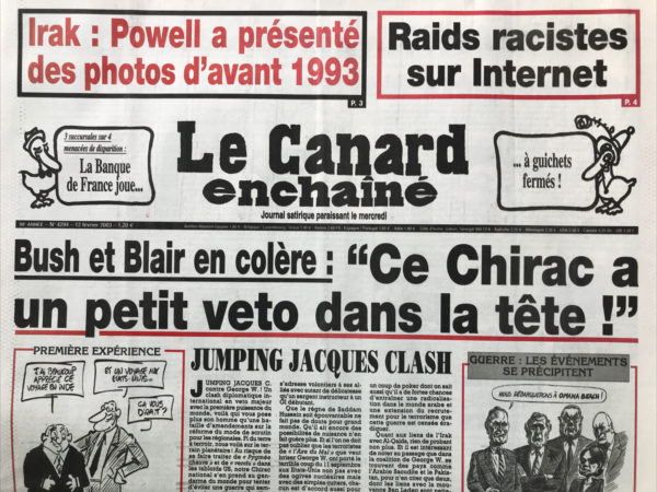 Couac ! | N° 4294 du Canard Enchaîné - 12 Février 2003 | Nos Exemplaires du Canard Enchaîné sont archivés dans de bonnes conditions de conservation (obscurité, hygrométrie maitrisée et faible température), ce qui s'avère indispensable pour des journaux anciens. | 4294