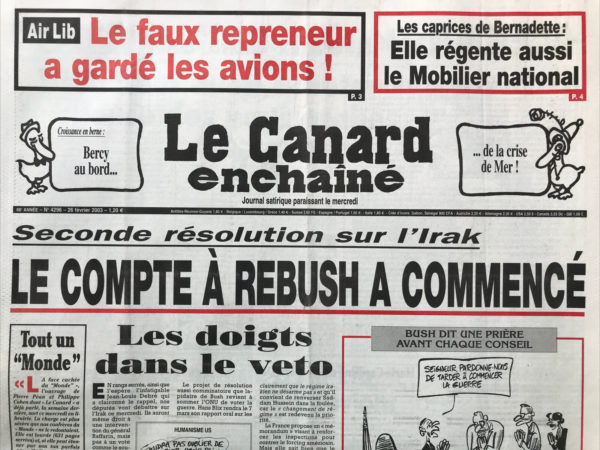 Couac ! | N° 4296 du Canard Enchaîné - 26 Février 2003 | Nos Exemplaires du Canard Enchaîné sont archivés dans de bonnes conditions de conservation (obscurité, hygrométrie maitrisée et faible température), ce qui s'avère indispensable pour des journaux anciens. | 4296