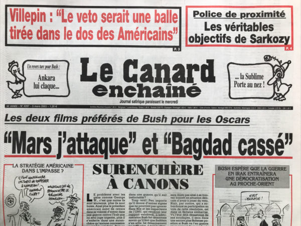 Couac ! | N° 4297 du Canard Enchaîné - 5 Mars 2003 | Nos Exemplaires du Canard Enchaîné sont archivés dans de bonnes conditions de conservation (obscurité, hygrométrie maitrisée et faible température), ce qui s'avère indispensable pour des journaux anciens. | 4297