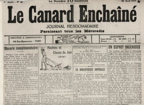 Couac ! | N° 43 du Canard Enchaîné - 25 Avril 1917 | Nos Exemplaires du Canard Enchaîné sont archivés dans de bonnes conditions de conservation (obscurité, hygrométrie maitrisée et faible température), ce qui s'avère indispensable pour des journaux anciens. | 43 4