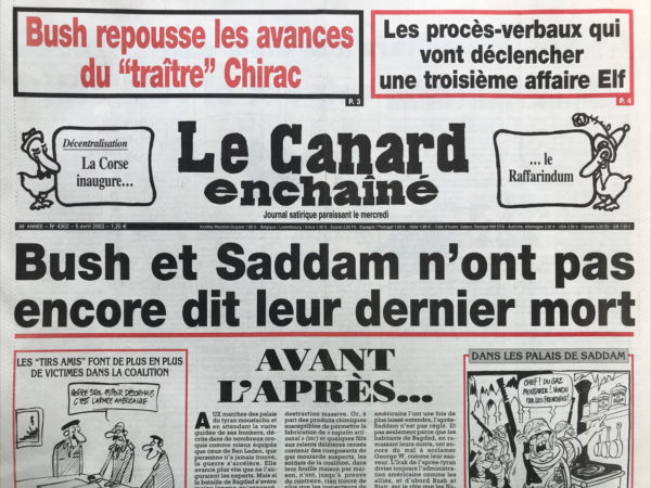 Couac ! | N° 4302 du Canard Enchaîné - 9 Avril 2003 | Nos Exemplaires du Canard Enchaîné sont archivés dans de bonnes conditions de conservation (obscurité, hygrométrie maitrisée et faible température), ce qui s'avère indispensable pour des journaux anciens. | 4302