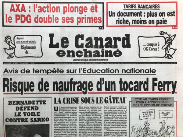 Couac ! | N° 4306 du Canard Enchaîné - 7 Mai 2003 | Nos Exemplaires du Canard Enchaîné sont archivés dans de bonnes conditions de conservation (obscurité, hygrométrie maitrisée et faible température), ce qui s'avère indispensable pour des journaux anciens. | 4306