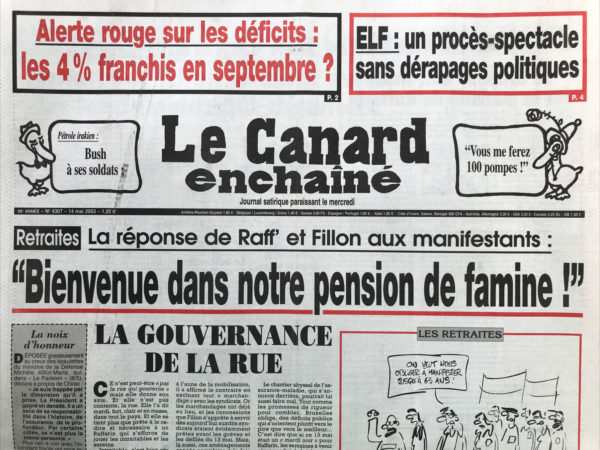 Couac ! | N° 4307 du Canard Enchaîné - 14 Mai 2003 | Nos Exemplaires du Canard Enchaîné sont archivés dans de bonnes conditions de conservation (obscurité, hygrométrie maitrisée et faible température), ce qui s'avère indispensable pour des journaux anciens. | 4307