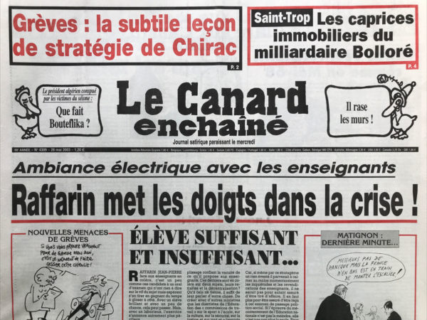 Couac ! | N° 4309 du Canard Enchaîné - 28 Mai 2003 | Nos Exemplaires du Canard Enchaîné sont archivés dans de bonnes conditions de conservation (obscurité, hygrométrie maitrisée et faible température), ce qui s'avère indispensable pour des journaux anciens. | 4309