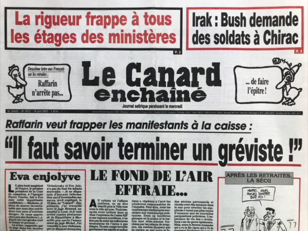 Couac ! | N° 4312 du Canard Enchaîné - 18 Juin 2003 | Nos Exemplaires du Canard Enchaîné sont archivés dans de bonnes conditions de conservation (obscurité, hygrométrie maitrisée et faible température), ce qui s'avère indispensable pour des journaux anciens. | 4312