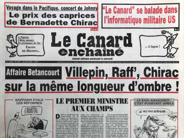 Couac ! | N° 4318 du Canard Enchaîné - 30 Juillet 2003 | Nos Exemplaires du Canard Enchaîné sont archivés dans de bonnes conditions de conservation (obscurité, hygrométrie maitrisée et faible température), ce qui s'avère indispensable pour des journaux anciens. | 4318