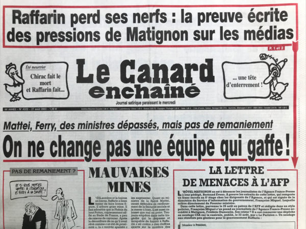 Couac ! | N° 4322 du Canard Enchaîné - 27 Août 2003 | Nos Exemplaires du Canard Enchaîné sont archivés dans de bonnes conditions de conservation (obscurité, hygrométrie maitrisée et faible température), ce qui s'avère indispensable pour des journaux anciens. | 4322