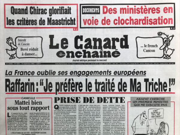 Couac ! | N° 4324 du Canard Enchaîné - 10 Septembre 2003 | Nos Exemplaires du Canard Enchaîné sont archivés dans de bonnes conditions de conservation (obscurité, hygrométrie maitrisée et faible température), ce qui s'avère indispensable pour des journaux anciens. | 4324