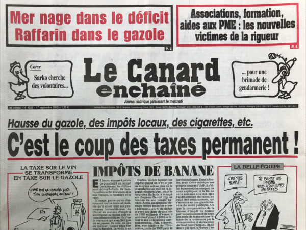 Couac ! | N° 4325 du Canard Enchaîné - 17 Septembre 2003 | Nos Exemplaires du Canard Enchaîné sont archivés dans de bonnes conditions de conservation (obscurité, hygrométrie maitrisée et faible température), ce qui s'avère indispensable pour des journaux anciens. | 4325