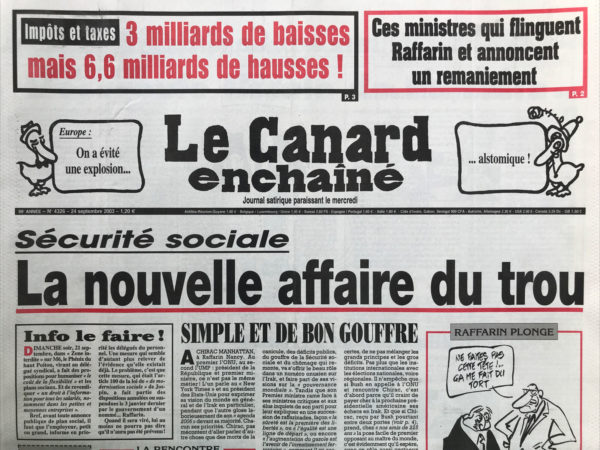 Couac ! | N° 4326 du Canard Enchaîné - 24 Septembre 2003 | Nos Exemplaires du Canard Enchaîné sont archivés dans de bonnes conditions de conservation (obscurité, hygrométrie maitrisée et faible température), ce qui s'avère indispensable pour des journaux anciens. | 4326