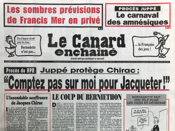 Couac ! | N° 4327 du Canard Enchaîné - 1 Octobre 2003 | Nos Exemplaires du Canard Enchaîné sont archivés dans de bonnes conditions de conservation (obscurité, hygrométrie maitrisée et faible température), ce qui s'avère indispensable pour des journaux anciens. | 4327