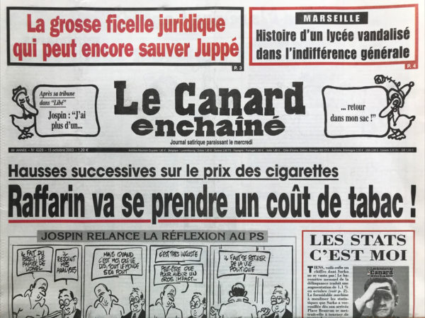 Couac ! | N° 4329 du Canard Enchaîné - 15 Octobre 2003 | Nos Exemplaires du Canard Enchaîné sont archivés dans de bonnes conditions de conservation (obscurité, hygrométrie maitrisée et faible température), ce qui s'avère indispensable pour des journaux anciens. | 4329