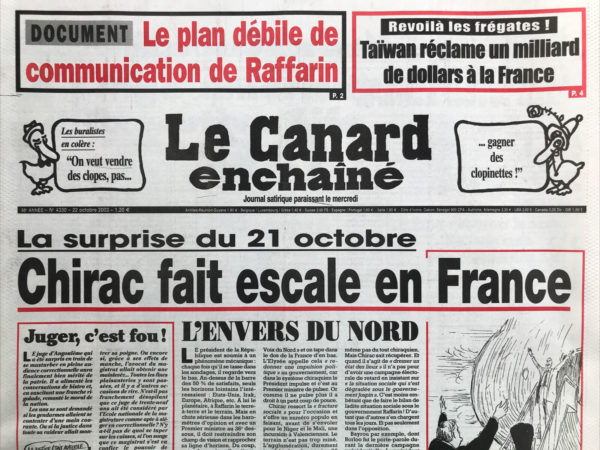 Couac ! | N° 4330 du Canard Enchaîné - 22 Octobre 2003 | Nos Exemplaires du Canard Enchaîné sont archivés dans de bonnes conditions de conservation (obscurité, hygrométrie maitrisée et faible température), ce qui s'avère indispensable pour des journaux anciens. | 4330