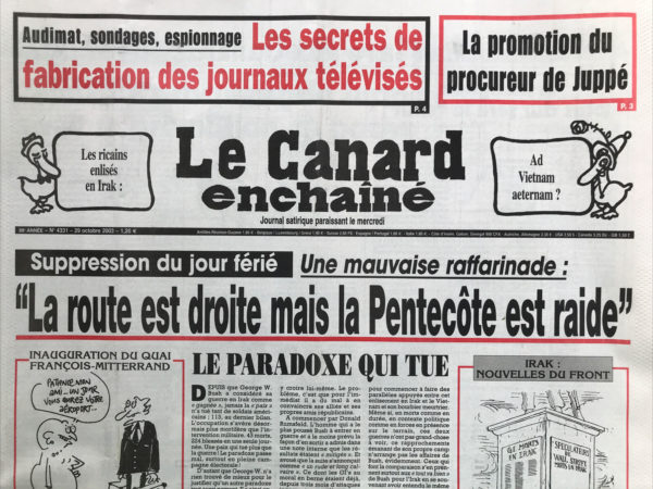 Couac ! | N° 4331 du Canard Enchaîné - 29 Octobre 2003 | Nos Exemplaires du Canard Enchaîné sont archivés dans de bonnes conditions de conservation (obscurité, hygrométrie maitrisée et faible température), ce qui s'avère indispensable pour des journaux anciens. | 4331