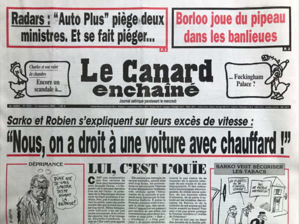 Couac ! | N° 4333 du Canard Enchaîné - 12 Novembre 2003 | Nos Exemplaires du Canard Enchaîné sont archivés dans de bonnes conditions de conservation (obscurité, hygrométrie maitrisée et faible température), ce qui s'avère indispensable pour des journaux anciens. | 4333