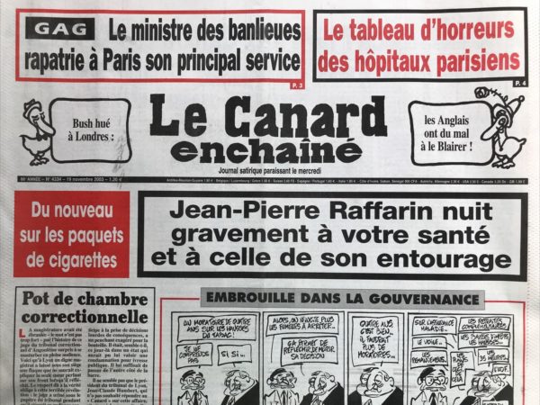 Couac ! | N° 4334 du Canard Enchaîné - 19 Novembre 2003 | Nos Exemplaires du Canard Enchaîné sont archivés dans de bonnes conditions de conservation (obscurité, hygrométrie maitrisée et faible température), ce qui s'avère indispensable pour des journaux anciens. | 4334