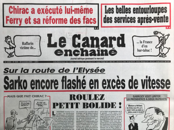 Couac ! | N° 4335 du Canard Enchaîné - 26 Novembre 2003 | Nos Exemplaires du Canard Enchaîné sont archivés dans de bonnes conditions de conservation (obscurité, hygrométrie maitrisée et faible température), ce qui s'avère indispensable pour des journaux anciens. | 4335