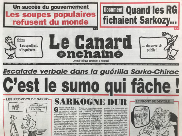 Couac ! | N° 4343 du Canard Enchaîné - 21 Janvier 2004 | Quand les RG fichaient Sarkozy… escalade verbale dans la guérilla Sarko Chirac - Le visionnaire de Bordeaux - la méthode Raffarin pour remplir les Restos du cœur - une chasse aux talibans tragi-comique - il faut sauver le soldat Boubakeur - comment une police politique est devenue la bonne à tout faire du gouvernement - un grand patron montre l'exemple… justice en panne à Bastia - le charter égyptien chargé par les suisses - la question du voile - Claudie Haigneré : cosmonaute de frais - | 4343