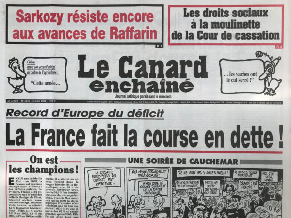 Couac ! | N° 4349 du Canard Enchaîné - 3 Mars 2004 | Sarkozy résiste encore aux avances de Raffarin - Chirac après son accueil mitigé au salon de l'agriculture : « cette année… les vaches ont le cul serré ! » record d'Europe du déficit : La France fait la course en dette ! Le melon du Poitou - Raffarin c'est la danse du ventre devant Sarko – Debré, un tireur haut perché - Les droits des salariés se démontent en douce à la Cass’ - les fans de Sharon sous protection rapprochée - les grands électeurs militaires du futur président algérien - L'absence du chef Le Pen pimente la cuisine électorale en Provence - 2 sénateurs mettent Perben le nez dans ses prisons - entourloupe en Guadeloupe - Powell ne savait pas où expédier Aristide... | 4349