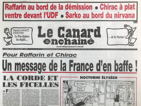 Couac ! | N° 4352 du Canard Enchaîné - 24 Mars 2004 | Pour Raffarin et Chirac : un message de la France d'en baffe ! Raffarin au bord de la démission - Chirac à plat ventre devant l'UDF - Sarko au bord du nirvana - La dégelée royale - la bataille de Matignon - le coup de barre de Raffarin - quand Juppé joue les comiques - lettre de menace terroriste ou grosse ficelle électorale ? Sarko réforme son ministère à coups de gadgets - L'américain du ministère de l'Intérieur - Chirac ne peut plus voir Sharon – patrons flingueurs au far-west social - rafale de bavures en Côte d'Ivoire - blanchiment assuré à Vulcania – TF1 lance la ferme de l'UMP – télé : des élus réclament une Pravda régionale - le radin de Tarascon - Serge Dassault : du mirage au tirage - le pays de coca où coule le cola… Villepin vexé par la perfide Albion - | 4352