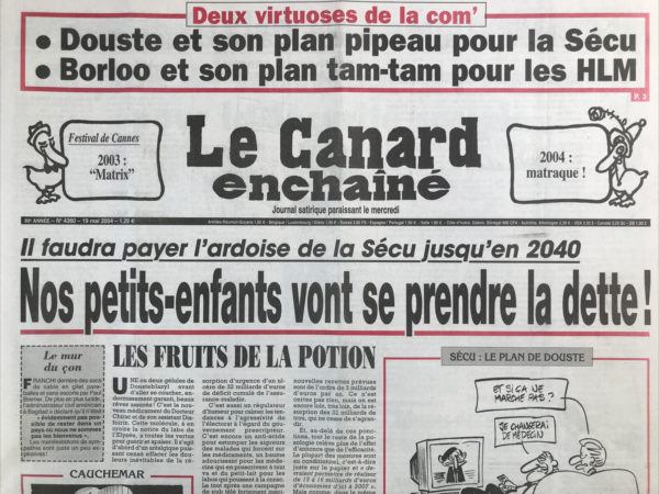 Couac ! | N° 4360 du Canard Enchaîné - 19 Mai 2004 | 2 virtuoses de la com’ : Douste et son plan pipo pour la sécu, Borloo et son plan tam-tam pour les HLM - il faudra payer l'ardoise de la sécu jusqu'en 2040 : nos petits enfants vont se prendre la dette ! Comment Douste met les vieux au frais – torture : saint-cyriens à cirer ! La dernière fâcherie Chirac Sarko - un plan de sauvetage à l'esbroufe pour la sécurité sociale - les incohérences du ministre de la cohésion sociale - épreuve de calcul pour l’Unedic… et de patience pour les ex « recalculés » - le flagrant délire chiffré du clan Bush - la justice Corse à la mode lyonnaise - l'éducation nationale première boîte d'intérim de France ? Un magistrat français cherche des poux au vice-président US - la loi sur le voile entre en vigueur - quand le Québec s'ébranle – Avignon : un juge est parti…  Jean-Paul Cluzel : le Juppédégé - Un vrai festival de crânes - Lula Bonjour les dégâts ! Perben désespère le baron - Raid de Pandores dans les cartables - noceurs et nos frères - | 4360