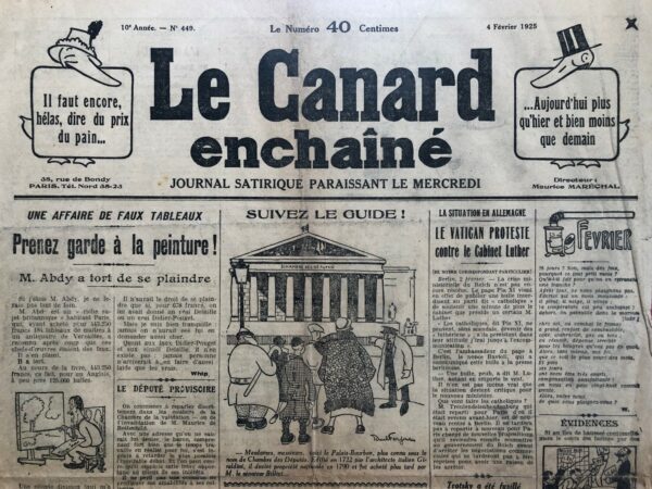 Couac ! | N° 449 du Canard Enchaîné - 4 Février 1925 | Apparition des célèbres et toujours actuelles "oreilles" ou "manchettes" de Henri GUILAC encadrant le titre en Une... Le Canard devient aussi officiellement Journal Satirique ! | 449 1