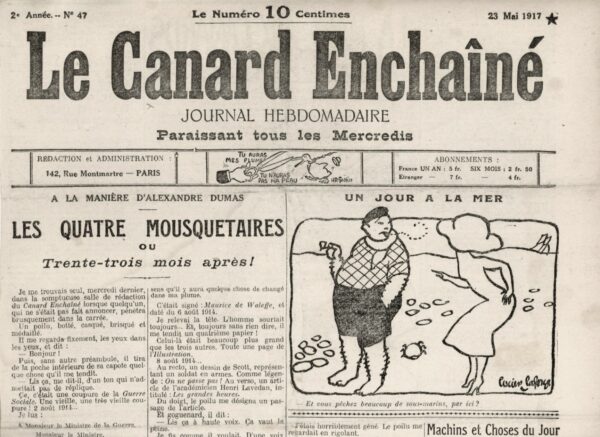 Couac ! | N° 47 du Canard Enchaîné - 23 Mai 1917 | A la manière d'Alexandre Dumas, Les Quatre Mousquetaires ou Trente-trois mois après ! Article de Maurice Maréchal fustigeant les belles plumes va-t-en-guerre des journaux déjà identifiés au premier numéro du "Canard", sur le dessin de Gassier. | 47 4