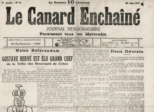 Couac ! | N° 51 du Canard Enchaîné - 20 Juin 1917 | Notre referendum : Gustave Hervé est élu grand chef de la tribu des bourreurs de crâne. Maurice Maréchal traque les « bourreurs de crâne » et organise dans le numéro du 29 Novembre 1916, un referendum auprès de ses lecteurs pour élire les meilleurs… Arrivent en tête Gustave Hervé, directeur de La Victoire, Maurice Barrès, l’omniprésent académicien dans les colonnes du « Canard » et de l’Echo de Paris, puis le sénateur Charles Humbert. Les résultats seront dévoilés 8 mois plus tard, dans ce numéro. Sur les bourreurs de crâne, voir le dessin de Lucien Laforge à la Une de l'édition du 9 octobre 1918.     | 51 5