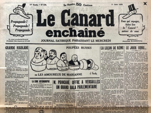 Couac ! | N° 528 du Canard Enchaîné - 11 Août 1926 | Nos Exemplaires du Canard Enchaîné sont archivés dans de bonnes conditions de conservation (obscurité, hygrométrie maitrisée et faible température), ce qui s'avère indispensable pour des journaux anciens. | 528 1 rotated