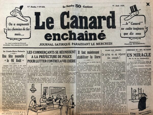 Couac ! | N° 529 du Canard Enchaîné - 18 Août 1926 | Nos Exemplaires du Canard Enchaîné sont archivés dans de bonnes conditions de conservation (obscurité, hygrométrie maitrisée et faible température), ce qui s'avère indispensable pour des journaux anciens. | 529 rotated