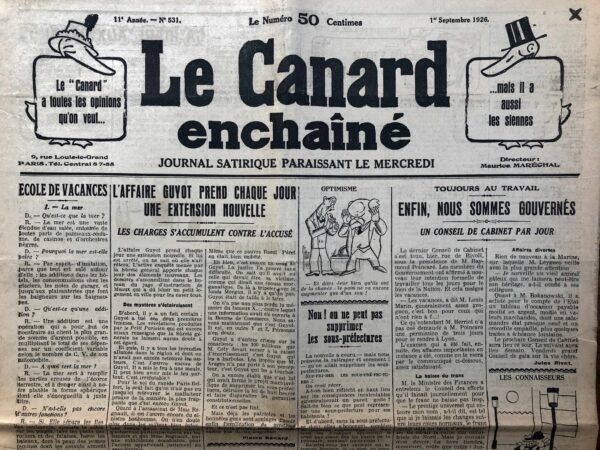 Couac ! | N° 531 du Canard Enchaîné - 1 Septembre 1926 | Nos Exemplaires du Canard Enchaîné sont archivés dans de bonnes conditions de conservation (obscurité, hygrométrie maitrisée et faible température), ce qui s'avère indispensable pour des journaux anciens. | 531