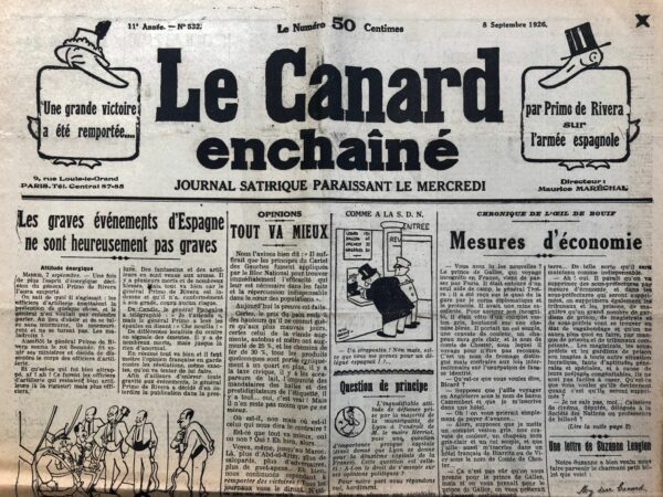 Couac ! | N° 532 du Canard Enchaîné - 8 Septembre 1926 | Nos Exemplaires du Canard Enchaîné sont archivés dans de bonnes conditions de conservation (obscurité, hygrométrie maitrisée et faible température), ce qui s'avère indispensable pour des journaux anciens. | 532